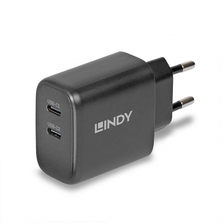 Lindy - Power adapter - 65 Watt - 4.05 A - Power Delivery 3.0 + PPS, QC 4.0 - 2 output connectors (24 pin USB-C) - black - Europe - 0