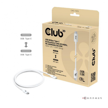 Club 3D - USB cable - 24 pin USB-C (M) to 24 pin USB-C (M) - USB4  /  Thunderbolt 3  /  Thunderbolt 4  /  Thunderbolt 5  /  DisplayPort 2.1 - 48 V - 5 A - 1.2 m - USB Power Delivery (240W), 16K60hz support, 4K540Hz support, 8K240Hz support - white - 0