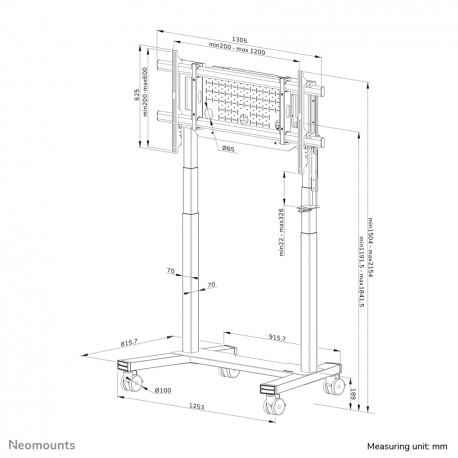 NEOMOUNTS MOVE LIFT XL MOTORISED MOBILE STAND INCL. STORAGE BOX, 10 CM. WHEELS FLOOR - VESA MAX 1200X600 - 19
