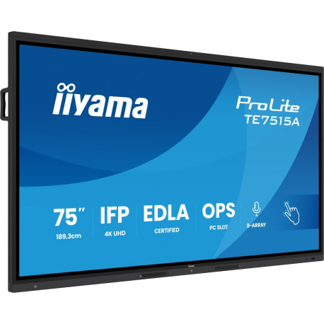 iiyama ProLite TE7515A-B1AG - 75" Diagonal Class (74.5" viewable) LED-backlit LCD display - interactive digital signage - with touchscreen (multi touch) / 8-microphone array / optional slot-in PC capability - 4K UHD (2160p) 3840 x 2160 - black (bezel), matte finish - 0