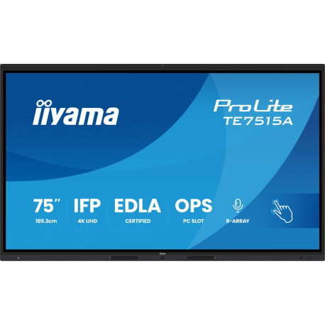 iiyama ProLite TE7515A-B1AG - 75" Diagonal Class (74.5" viewable) LED-backlit LCD display - interactive digital signage - with touchscreen (multi touch) / 8-microphone array / optional slot-in PC capability - 4K UHD (2160p) 3840 x 2160 - black (bezel), matte finish - 1