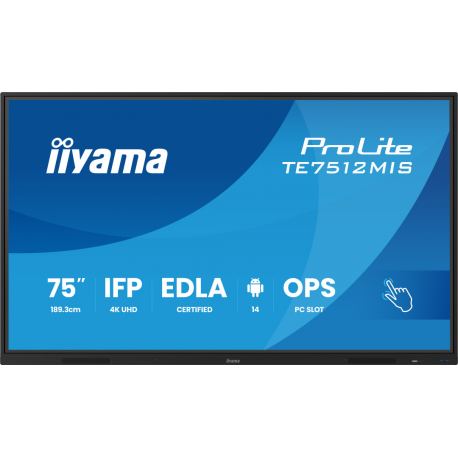 iiyama ProLite TE7512MIS-B4AG - 75" Diagonal Class (74.52" viewable) LED-backlit LCD display - interactive digital signage - with touchscreen (multi touch) / optional slot-in PC capability - 4K UHD (2160p) 3840 x 2160 - Direct LED - black (bezel), matte finish - with iiyama WiFi module (OWM002) - 1