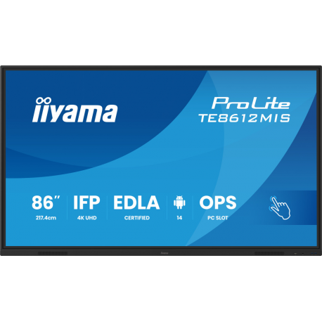 iiyama ProLite TE8612MIS-B4AG - 86" Diagonal Class (85.6" viewable) LED-backlit LCD display - interactive digital signage - with touchscreen (multi touch) / optional slot-in PC capability - 4K UHD (2160p) 3840 x 2160 - Direct LED - black (bezel), matte finish - with iiyama WiFi module (OWM002) - 1