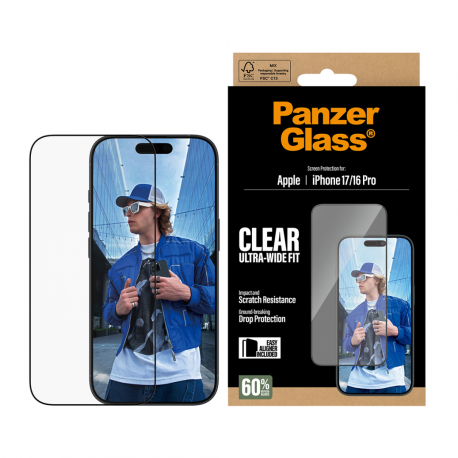 PanzerGlass - Screen protector for mobile phone - ultra-wide fit w. EasyAligner - glass - frame colour black - for Apple iPhone 16 Pro, 17 - 1