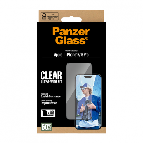 PanzerGlass - Screen protector for mobile phone - ultra-wide fit w. EasyAligner - glass - frame colour black - for Apple iPhone 16 Pro, 17 - 2