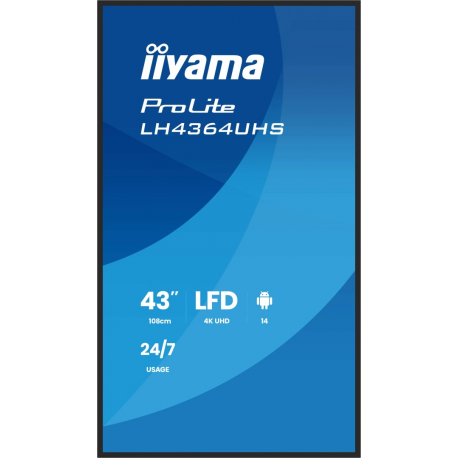 iiyama ProLite LH4364UHS-B1AG - 43" Diagonal Class (42.5" viewable) LED-backlit LCD display - digital signage - with built-in SoC media player - 4K UHD (2160p) 3840 x 2160 - black bezel with matte finish - 2