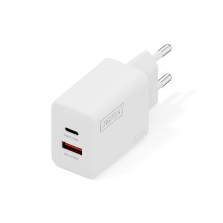 Digitus - Power adapter - GaN - 30 Watt - 1 A - 2 output connectors (USB-C, USB) - white - 0