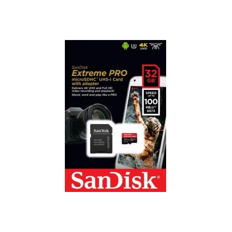 SanDisk Extreme Pro - Flash memory card (microSDXC to SD adapter included) - 32 GB - A1  /  Video Class V30  /  UHS-I U3 - 667x - microSDHC UHS-I - 0