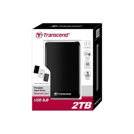 Transcend StoreJet 25A3 - Hard drive - 2 TB - external (portable) - 2.5" - USB 3.0 - black - 0