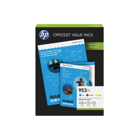 HP 953XL Office Value Pack - 3-pack - High Yield - colour (cyan, magenta, yellow) - ink cartridge / paper kit - for Officejet Pro 77XX, 82XX, 87XX - 0